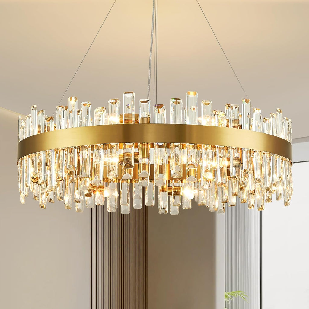 16-Light Modern Crystal Chandelier, Large Gold Round 2-Tiers K9 Crystal Chandelier, Luxury Flush Mount Crystal