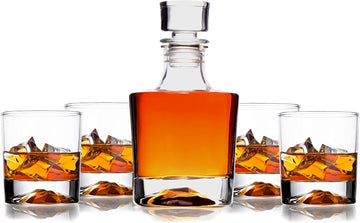 Whiskey Decanter Glasses Gift Set - 4 Whiskey Glasses - Airtight Stopper for Wine, Bourbon, Brandy, Juice, Water - Set of 5