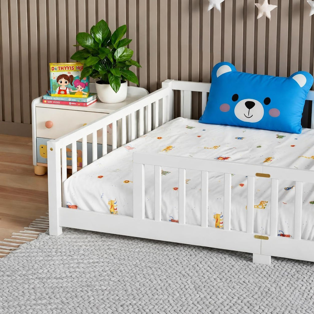 Floor Bed for Teenager, Solid Wood Multifunctional Bed Frame with Safety Guardrails, Without Door, Easy