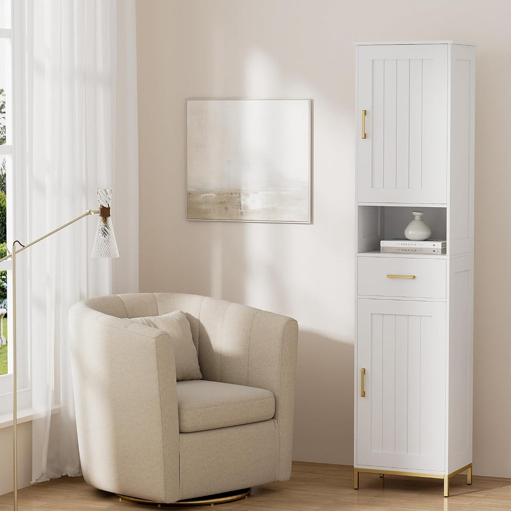67" H Bathroom Storage Cabinet, Tall Bathroom Cabinet, White | Narrow Cabinet with Doors and Drawer, Adjustable