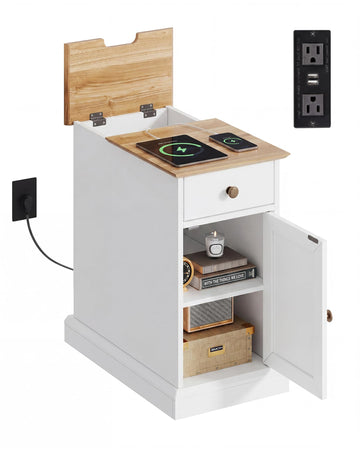End Table with Charging Station, Narrow Sied Table with Drawer & Cabinet, Side Table with Adjustable Shelf /Bedroom