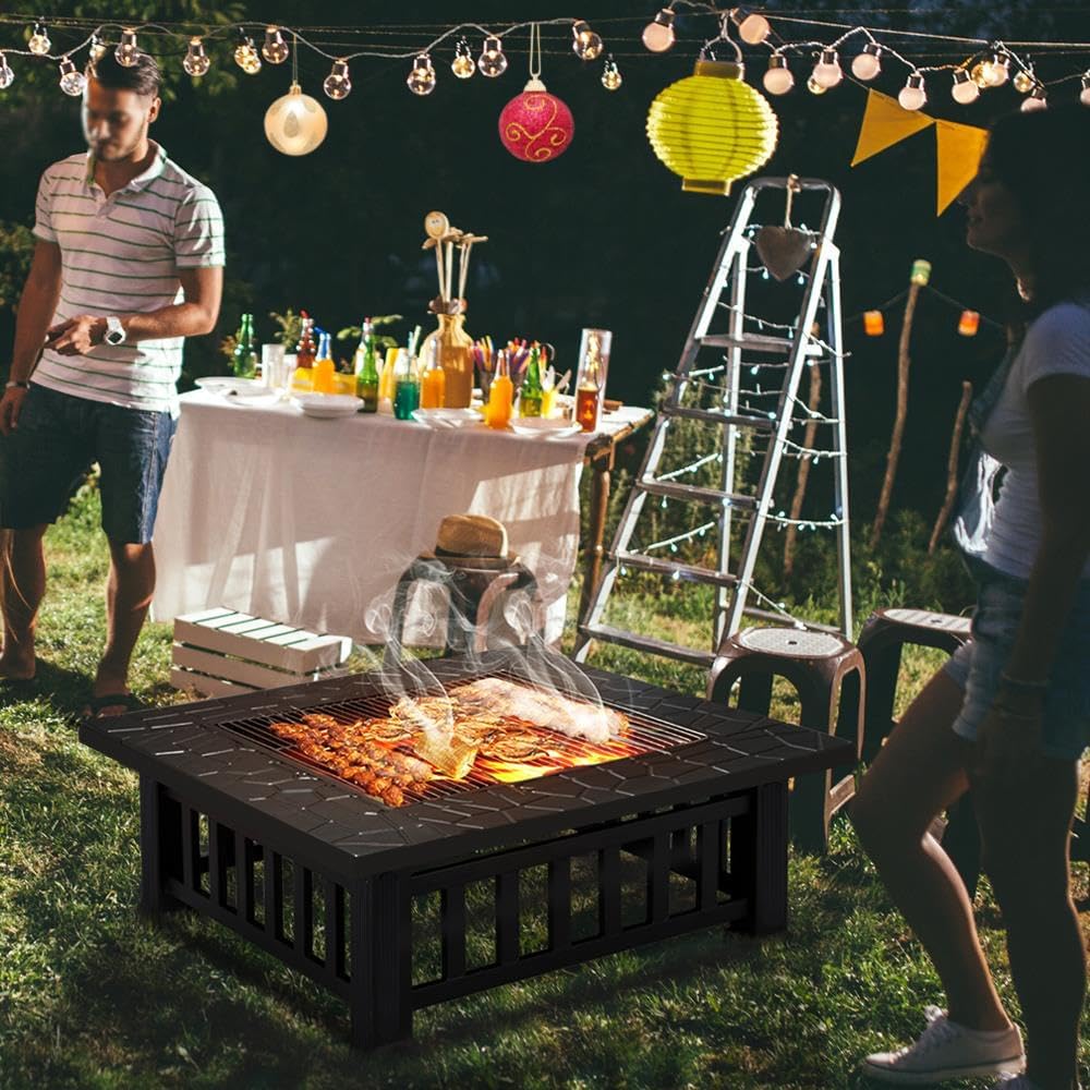 Multifunctional Fire Pit Table 32in Square Metal Firepit Stove Backyard Patio Garden Fireplace for Camping, Outdoor Heating, Bonfire and Picnic - Image 2
