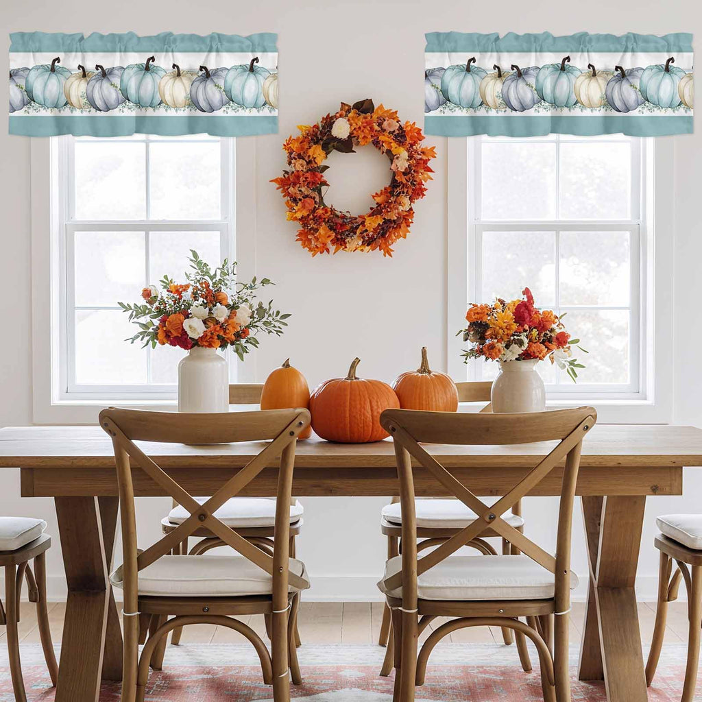 Fall Valance for Windows Blue Pumpkin Curtains Valances Harvest Thanksgiving Rod Pocket Valance Window Treatments