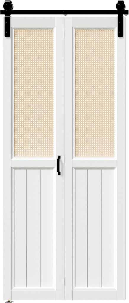 Bifold Barn Door, Cane Webbing Panel with Sliding Folding Closet Door Hardware Kit Set, 36"x 84" Fin