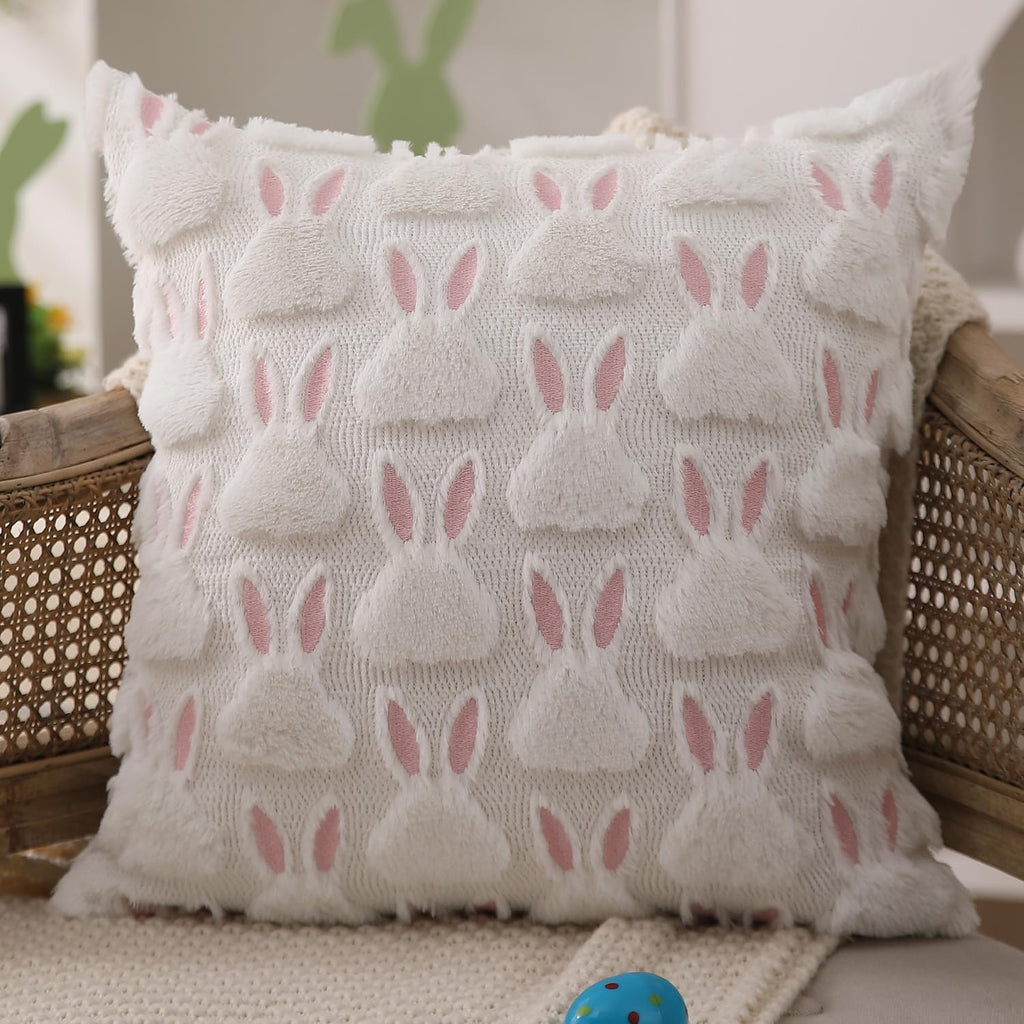 Easter Pillow Covers 18x18 inch Easter Decorations Pink Ears White Rabbit Soft Plush Faux Fur Jacquard Throw - Set of 2