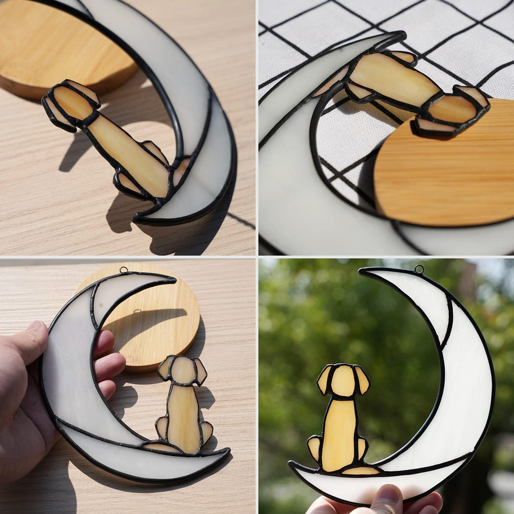 Loss of Dog Sympathy Gift, Stained Glass Dog on Moon for Suncatcher Gifts, Yellow Dog Memorial Gifts for Pet Loss