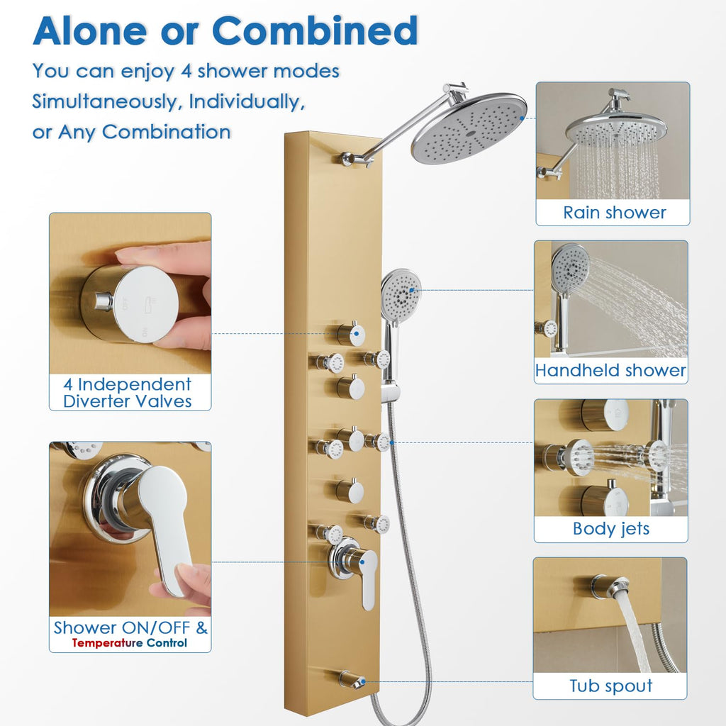 Gold Shower Panel Tower System, 4 Shower Modes Simultaneous Function