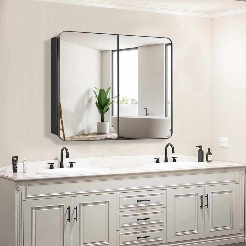 Bathroom Medicine Cabinet with 30"x26" Black Stainless Steel Framed Mirror,Recessed or Surface Mounted Bathroom