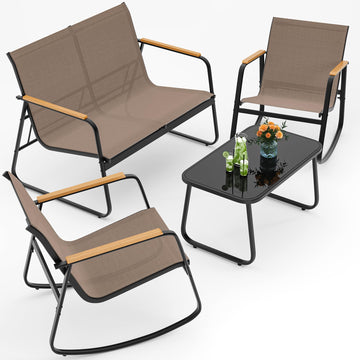 4-Piece Textilene Outdoor Patio Furniture Set Rocking Bistro, Tan