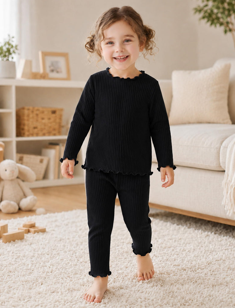 Black Pajamas for Toddler Girls Stretch Ribbed Knit PJ Set