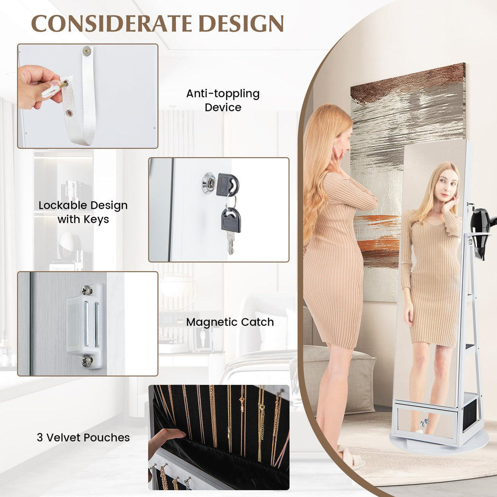 Jewelry Armoire with Full Length Mirror, 360° Lockable Jewelry Organizer W/ 6 LEDs, Rear Storage Shelves, Large
