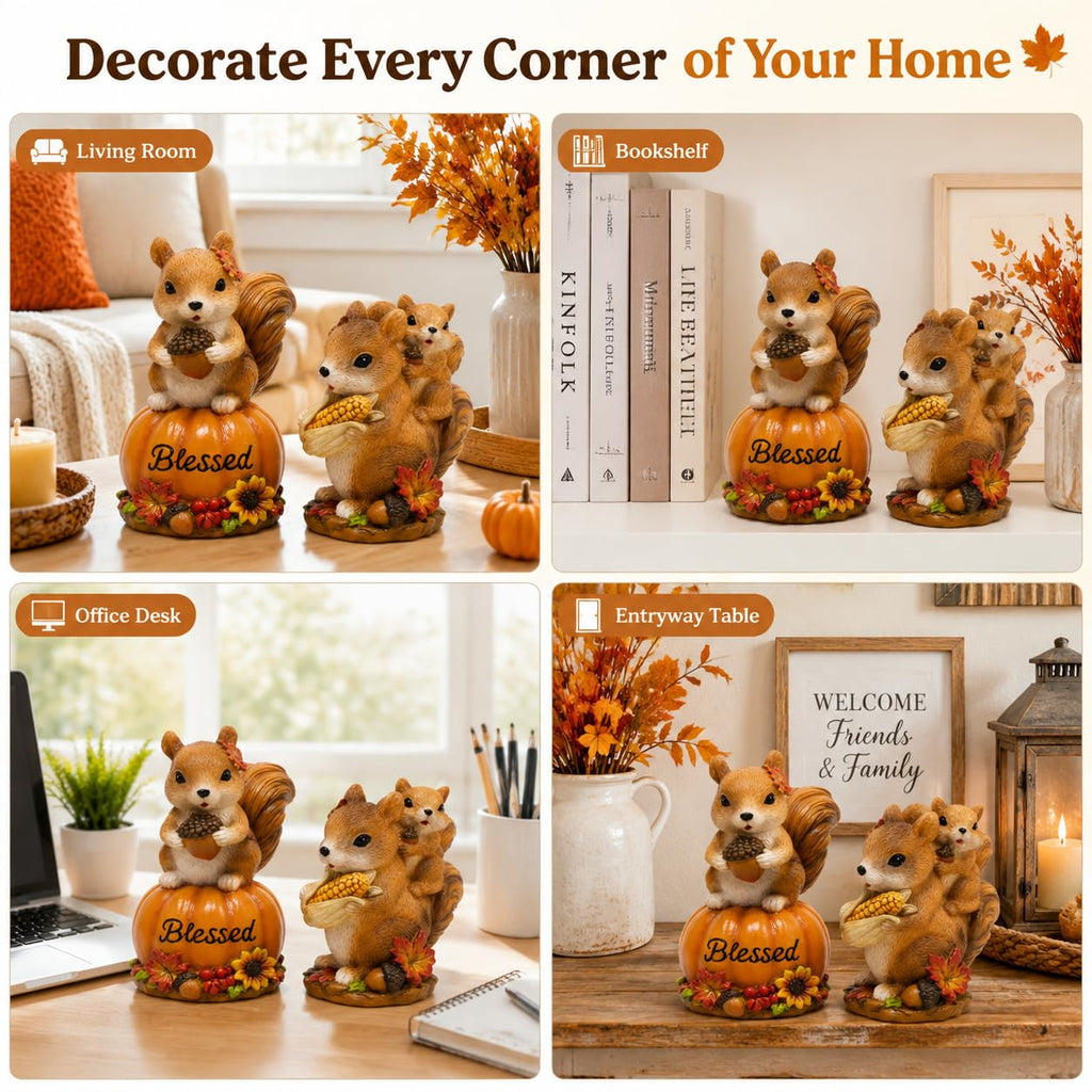Fall Squirrel Decor, 2-Piece Resin Thanksgiving Figurine Set
