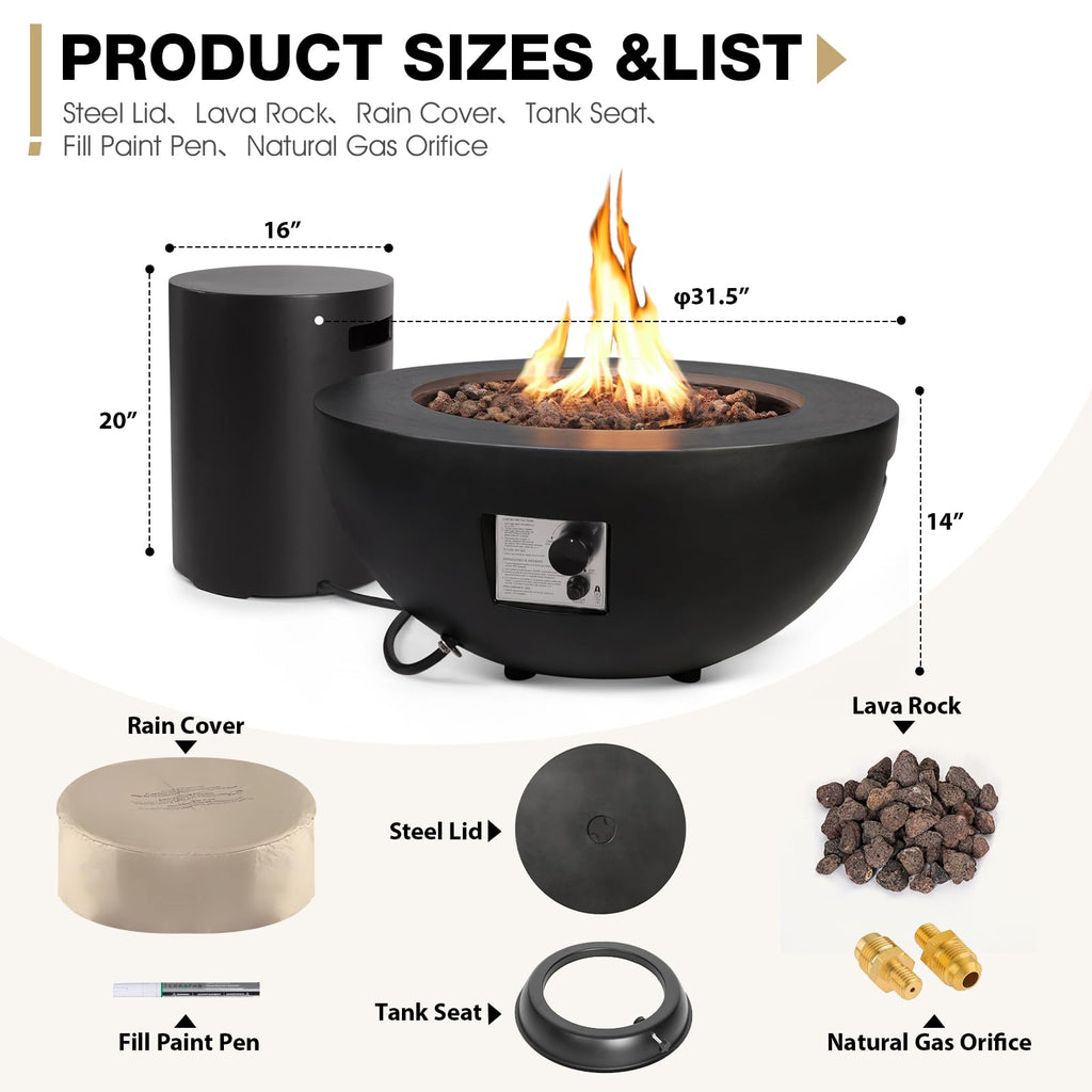 2-Piece Outdoor Propane Fire Pit Table Set w/Tank Cover Table, 31.5-inch 50, 000 BTU Black Bowl Concrete Firepit