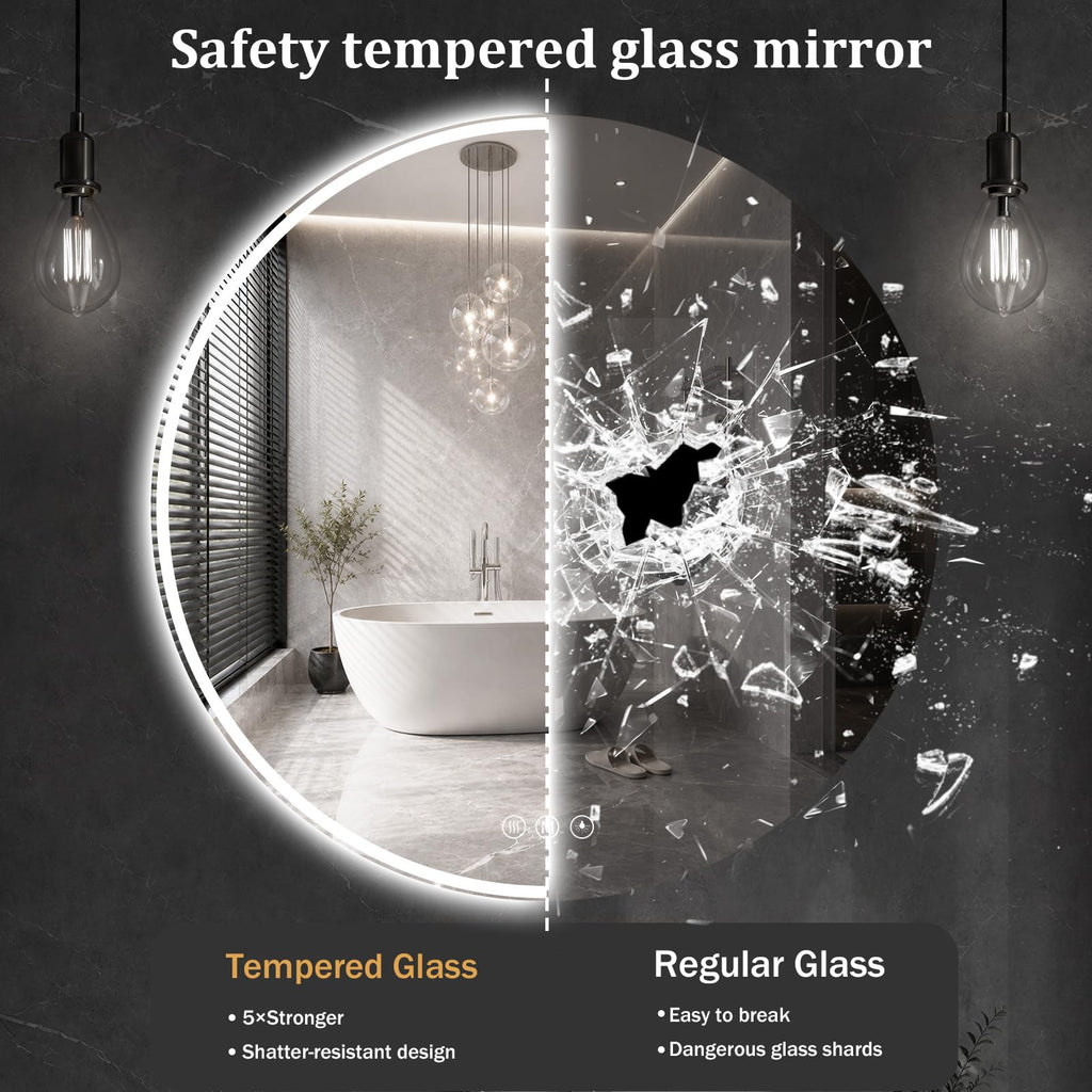 Round LED Bathroom Mirror, 36 Inch, HD Shatterproof Tempered Glass