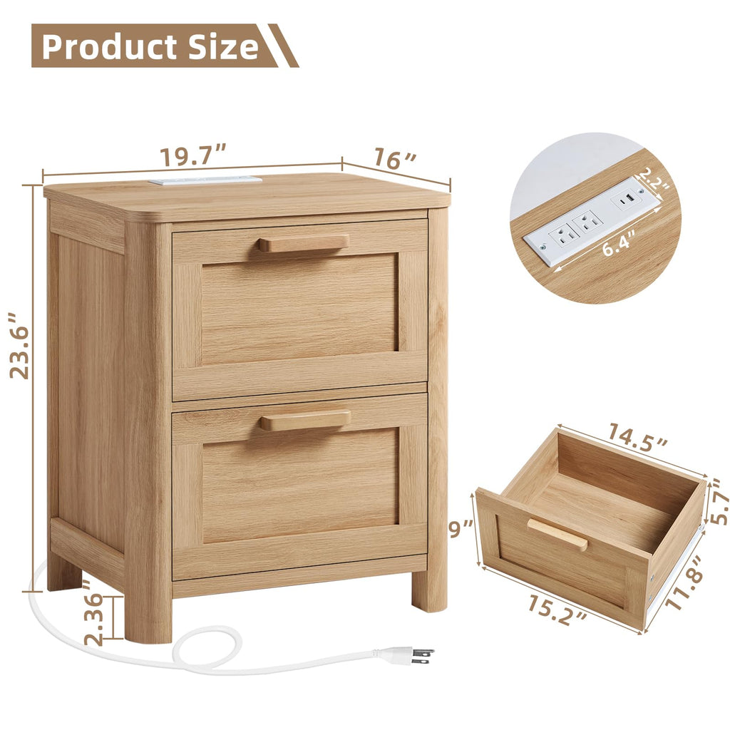 Farmhouse Night Stand Set of 2 with Charging Station, Natural Wood