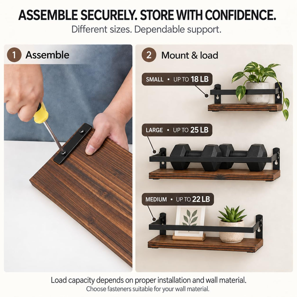 Wood Floating Shelves with Metal Guardrails, Set of 3, Brown