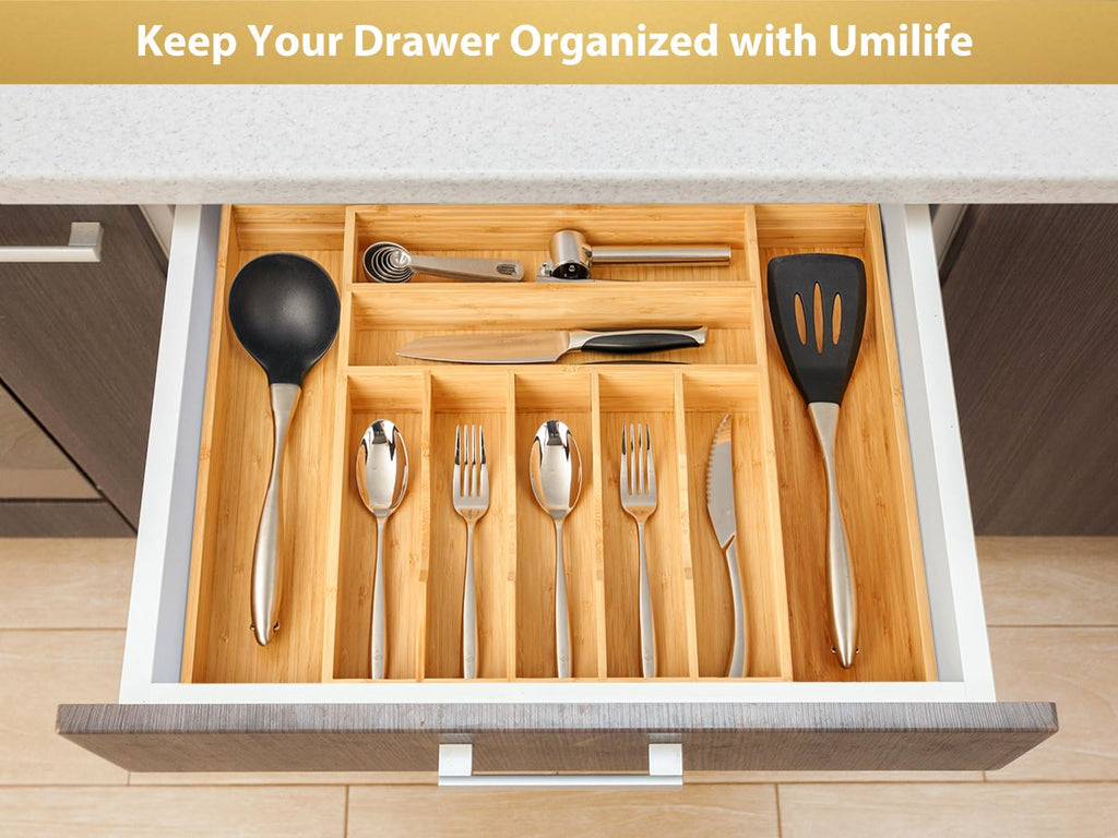 Large Expandable Kitchen Silverware Utensils Drawer Organizer, 2.5" Extra High Adjustable Drawer Divider with Curved