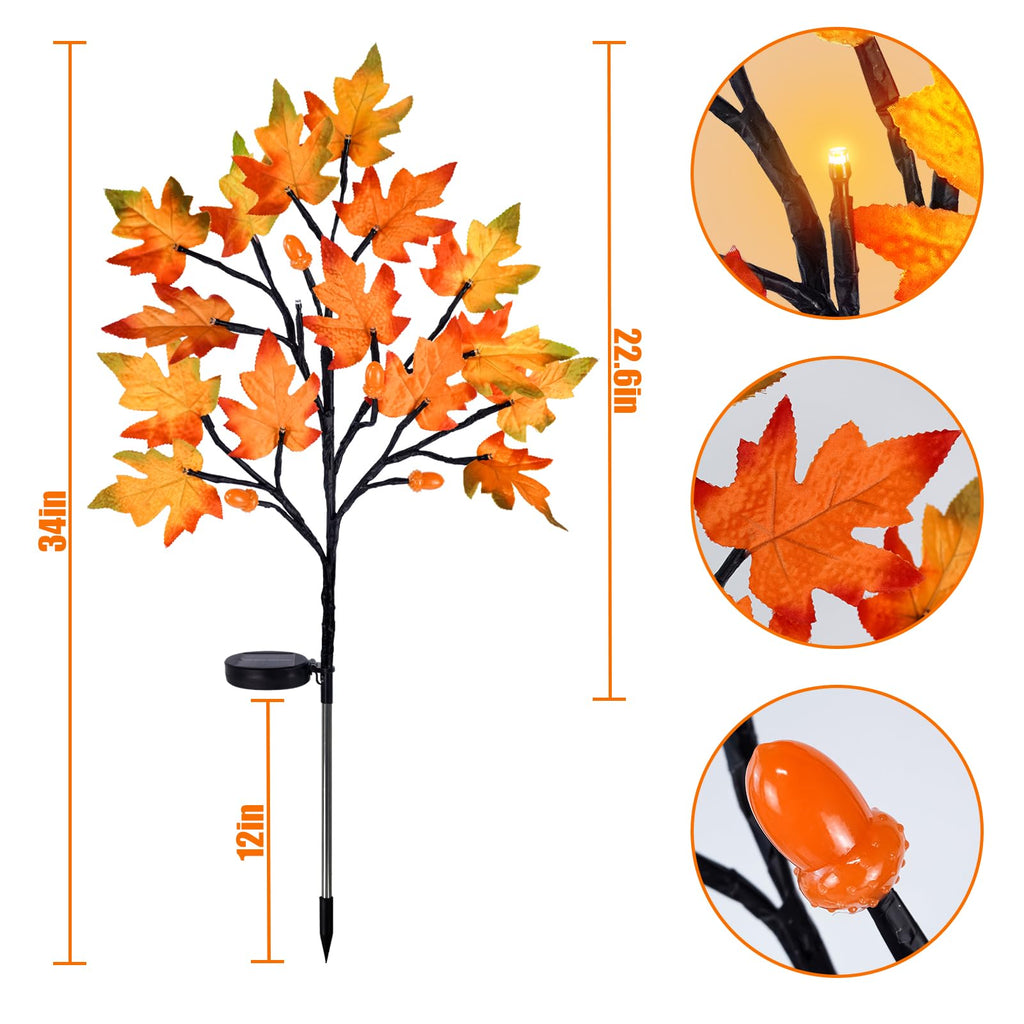 4PCS Solar Fall Lights Outdoor Decorative, 34" Fall Decor with Acorn Maple Leaf, 40LED Each with 8 Modes & Timer