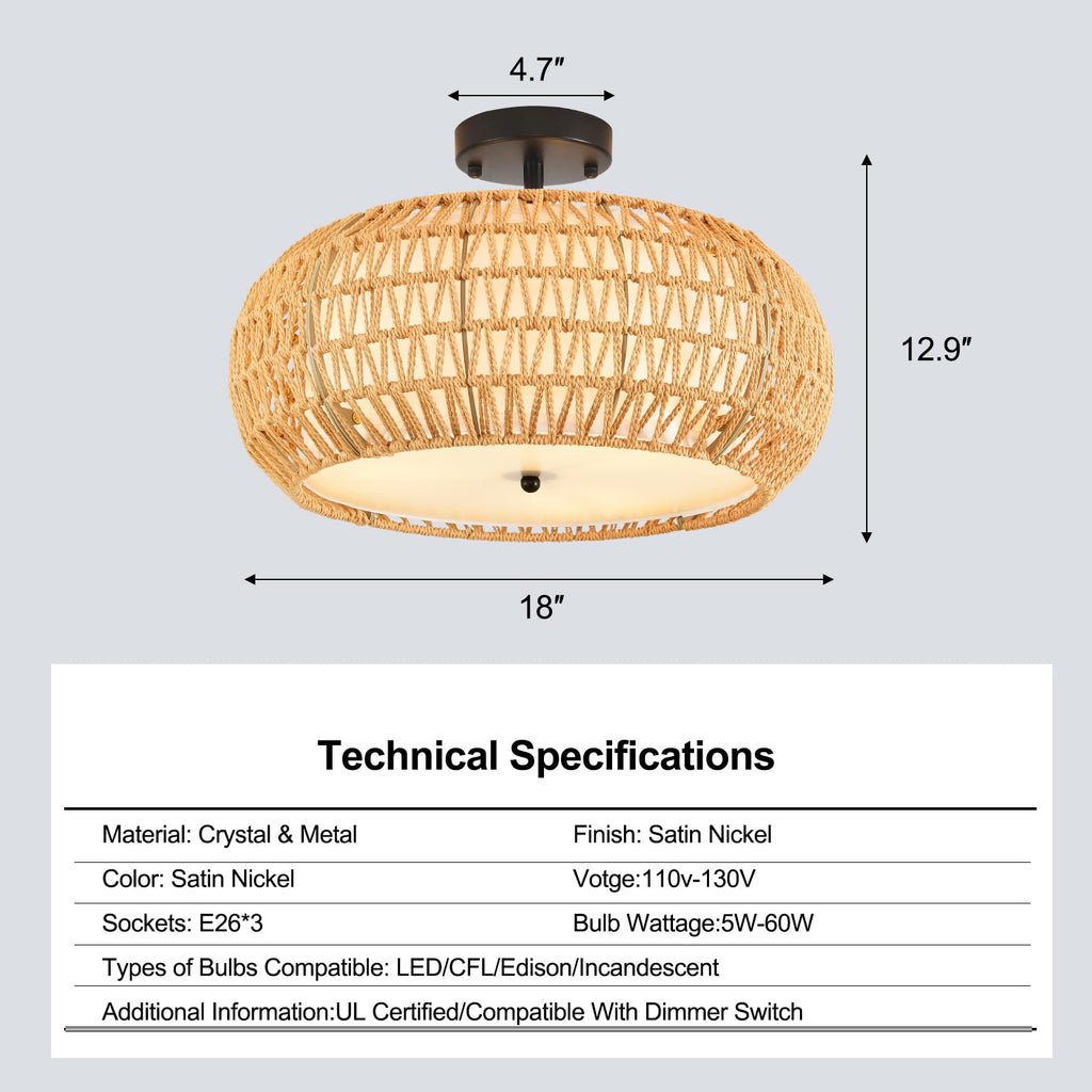 Boho Flush Mount Ceiling Light Fixture 15.8", Boho Chandelier Light Fixture Hand Woven Wicker Ceiling Light Flush