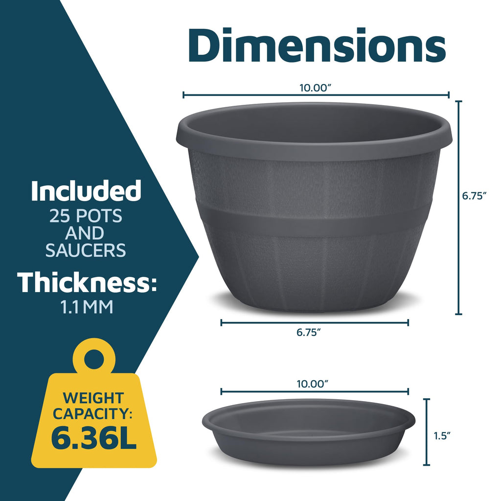 10-Inch Whiskey Barrel Planters Outdoor Pack of 25 - Durable Plastic Plant Pots for Indoor & Outdoor Use with
