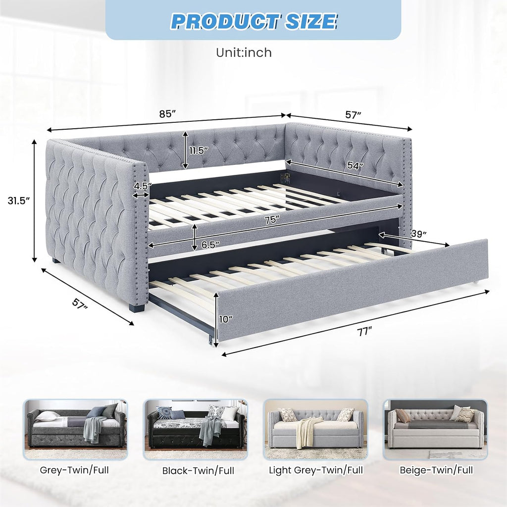 Daybed with Trundle, Modern Upholstered Full Size Day Bed Button-Tufted Sofa Daybed Frame with A Roll-Out Trundle, No