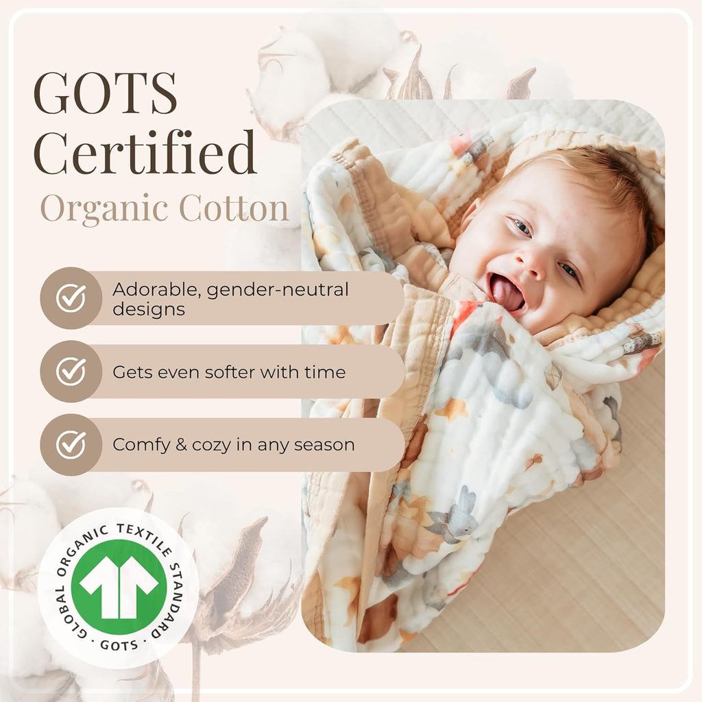 Organic Cotton Muslin Baby Blanket for Boys and Girls - Luxurious Soft Toddler Quilt for Swaddling - Gender Neutral