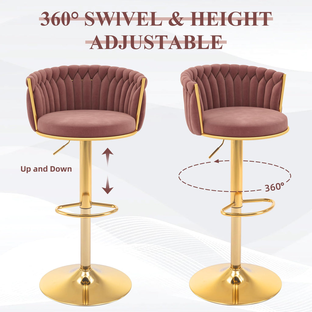 Gold Bar Stool Set of 6, Velvet Swivel Barstools, Height Adjustable Counter Stools with Woven Backrest, Upholstered