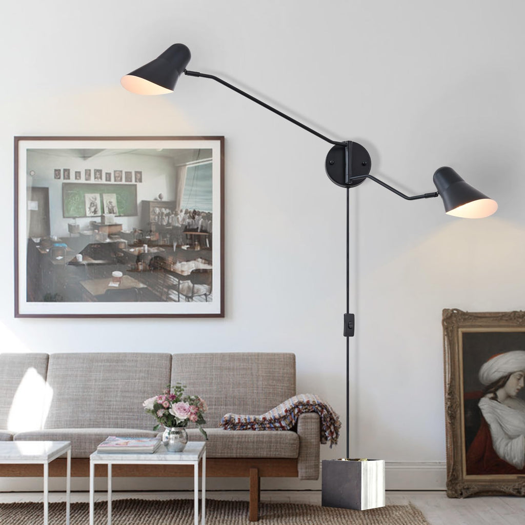 Modern 2-Lights Swing Arm Wall Sconces Black Plug in Wall Light 180° Rotatable Wall Mount Lamp with ON/Off Cord, E26