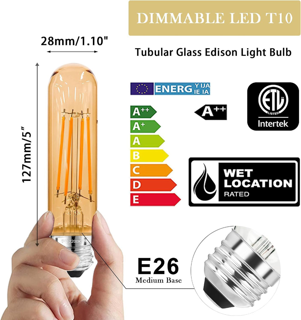 3.2 Inch 2200K Amber White E26 LED Bulb 60 Watt Equal, AC 120V 600LM Edison Bulbs Dimmable, 6W T10 T30 Tubular