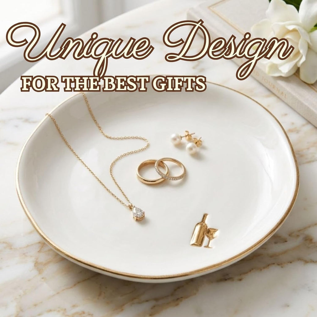 Wine Gifts for Wine Lovers & Women, 4.75" Handcrafted Ceramic Ring Dish with Gold Trim, Decorative Trinket Dish