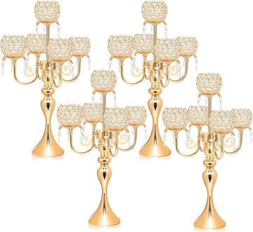 Set of 4 Candlesticks 5 Arm Crystal Strap Pendant Gold Table Decor Candelabra, 22.5 inches Elegant Dining Room