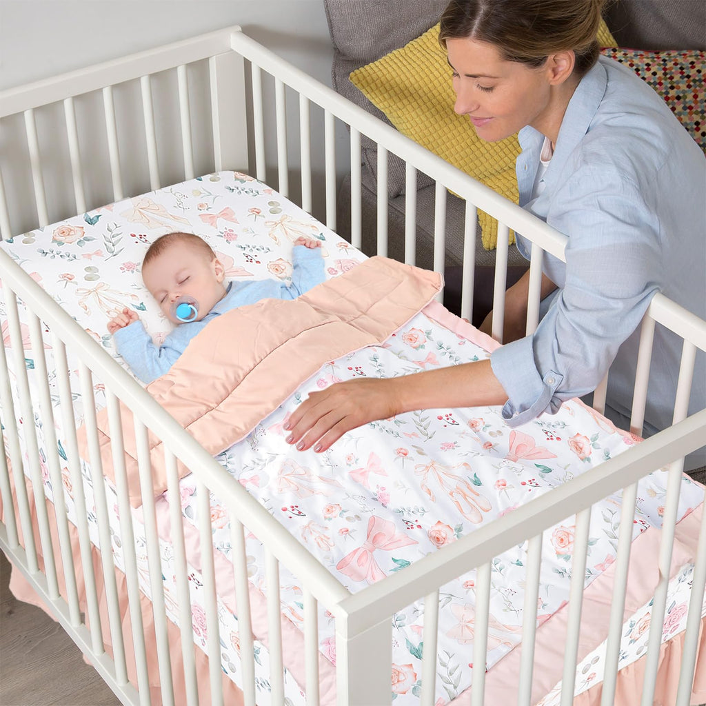 Crib Bedding Set for Girls 4-Piece, Bow Baby Girl Crib Bedding Set Pink Flowes, Nursery Sets Includes Comforter