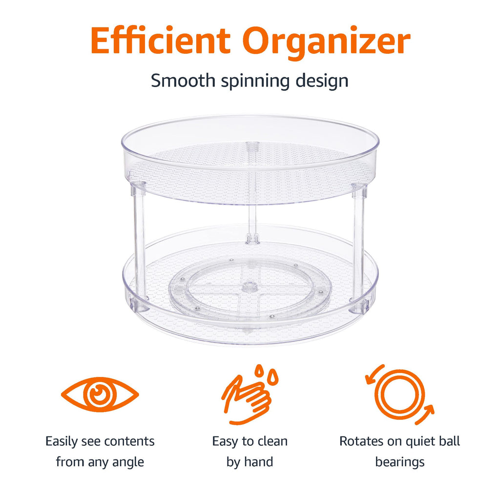 2 Tier Lazy Susan Turntable Organizer for Condiments, 12" Diameter, Clear