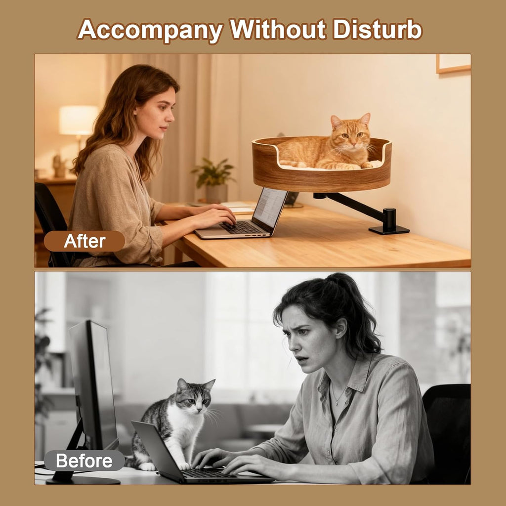 Desk Cat Bed, Elevated Cat Bed for Desk, Space-Saving Cat Hammock, Stable & Comfortable Perch for Indoor Cats, Walnut