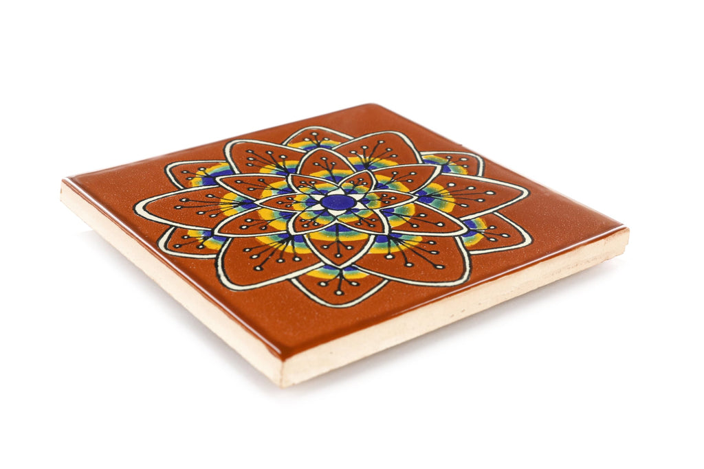 Box of 45-41⁄4 x 41⁄4 Terra Cotta Peacock Flower - Talavera Mexican Ceramic Tiles