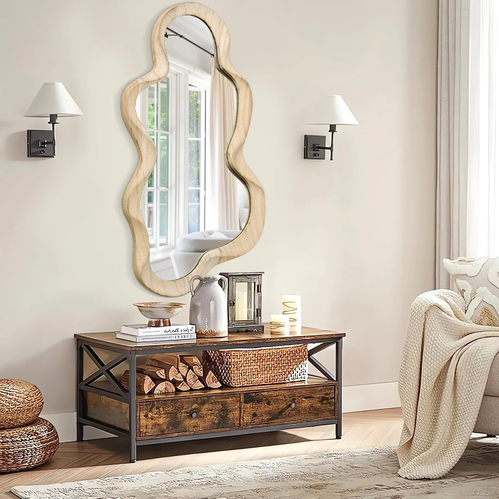 Asymmetrical Mirror for Wall Decor Large Modern Wooden Framed Wall Mirror