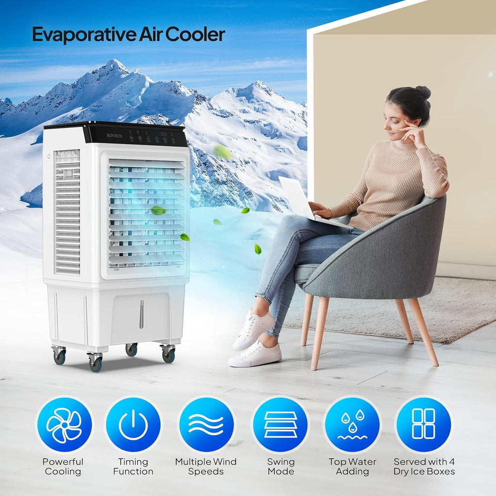 7.9Gal Portable Swamp Cooler, 2300CFM Evaporative Air Cooler with Auto Oscillating, Remote, 3 Speeds