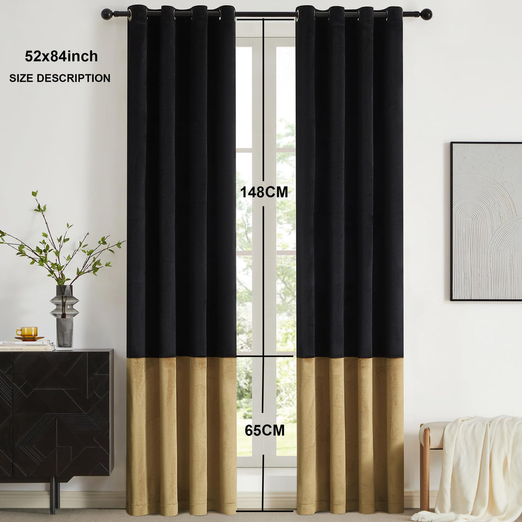 Black Gold Velvet Blackout Curtains Luxury Decor 84 inches, Color Block