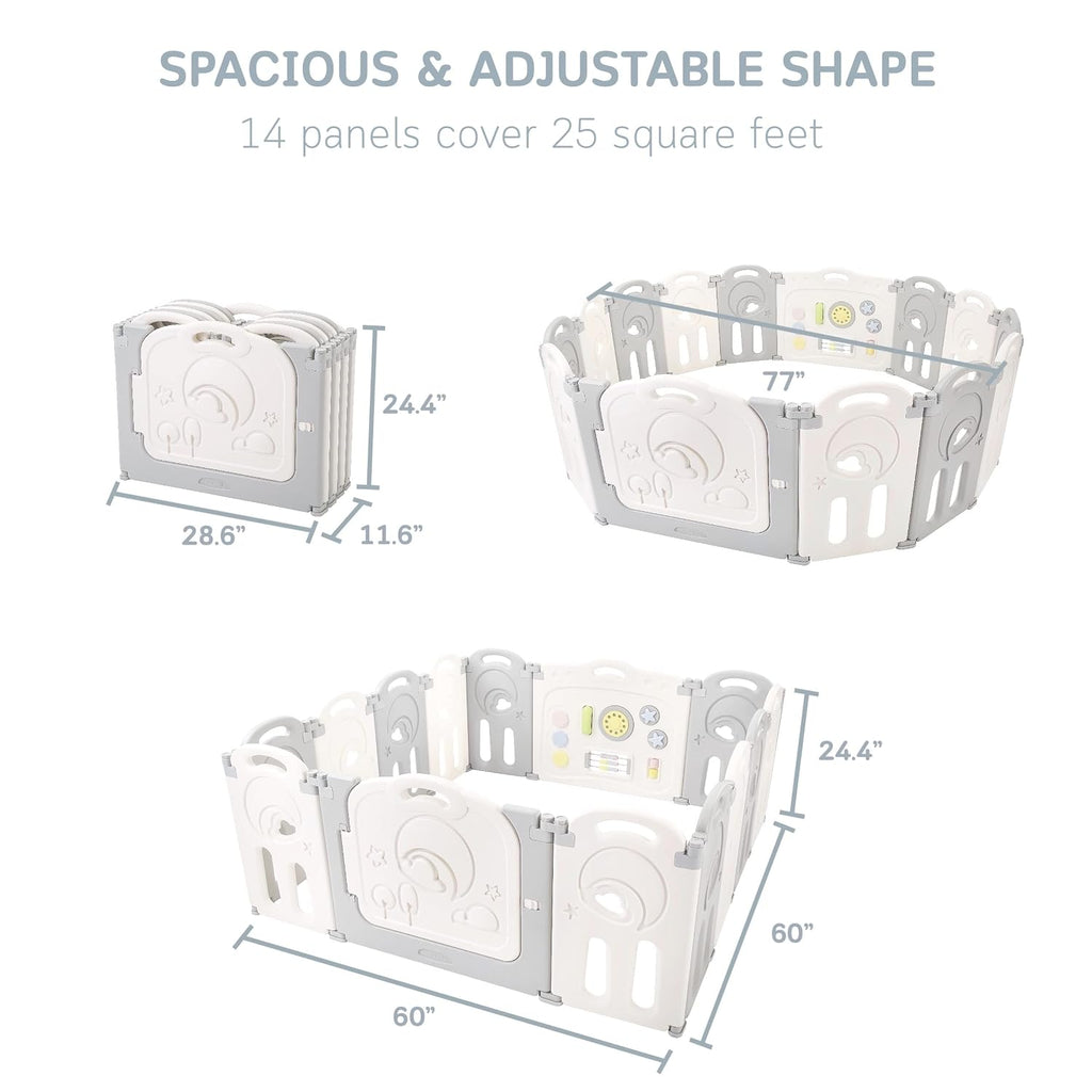 Cloud Castle Large 14-Panel Baby Playpen for Babies Toddlers, Gray | Foldable Safety Play Yard Enclosure and Fence