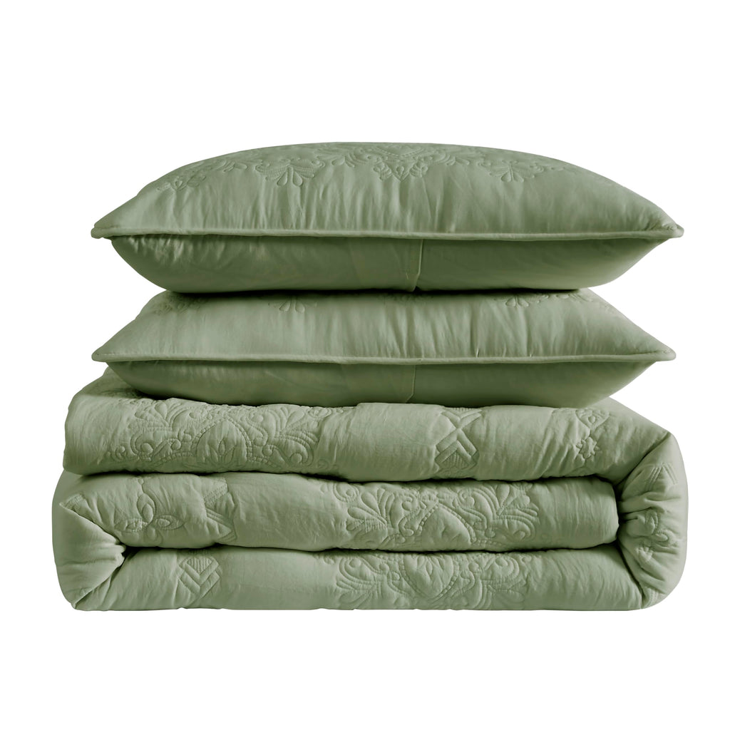 Boho Sage Green Quilt King Size Bedding Sets with Pillow Sham, Bohemian Lightweight Soft Bedspread Coverlet