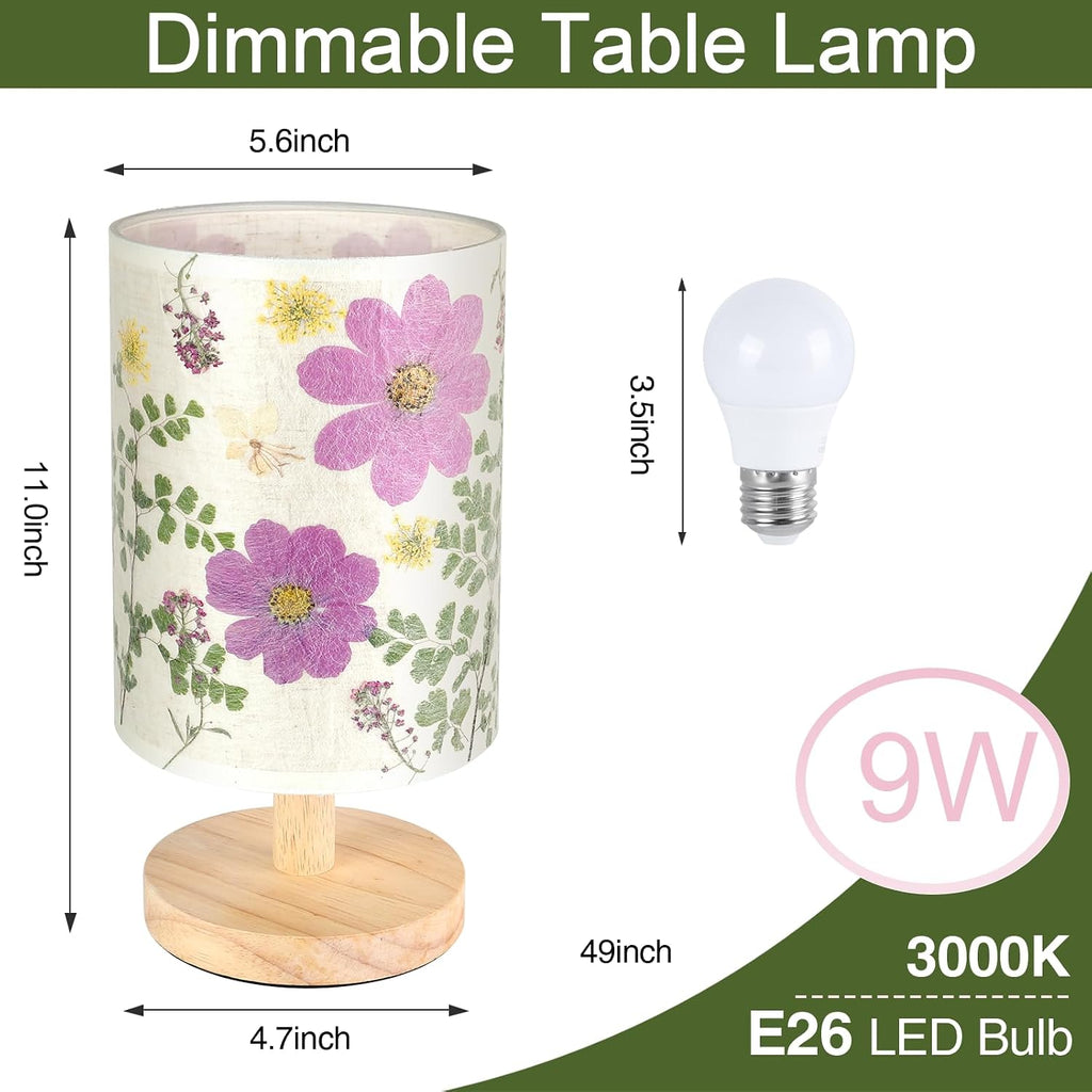 Dried Flowers Small Table Lamp 9W LED Dimmable Warm Light Pressed Flower Bedside Lamp Linen Shade with Wood Base