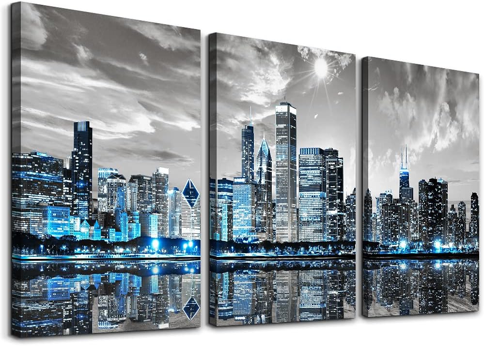Chicago Skyline Wall Art , Modern City Pictures Canvas Wall Decor Bedroom 3 Pieces Set Night Scene Prints Paintings