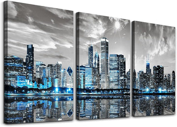 Chicago Skyline Wall Art , Modern City Pictures Canvas Wall Decor Bedroom 3 Pieces Set Night Scene Prints Paintings