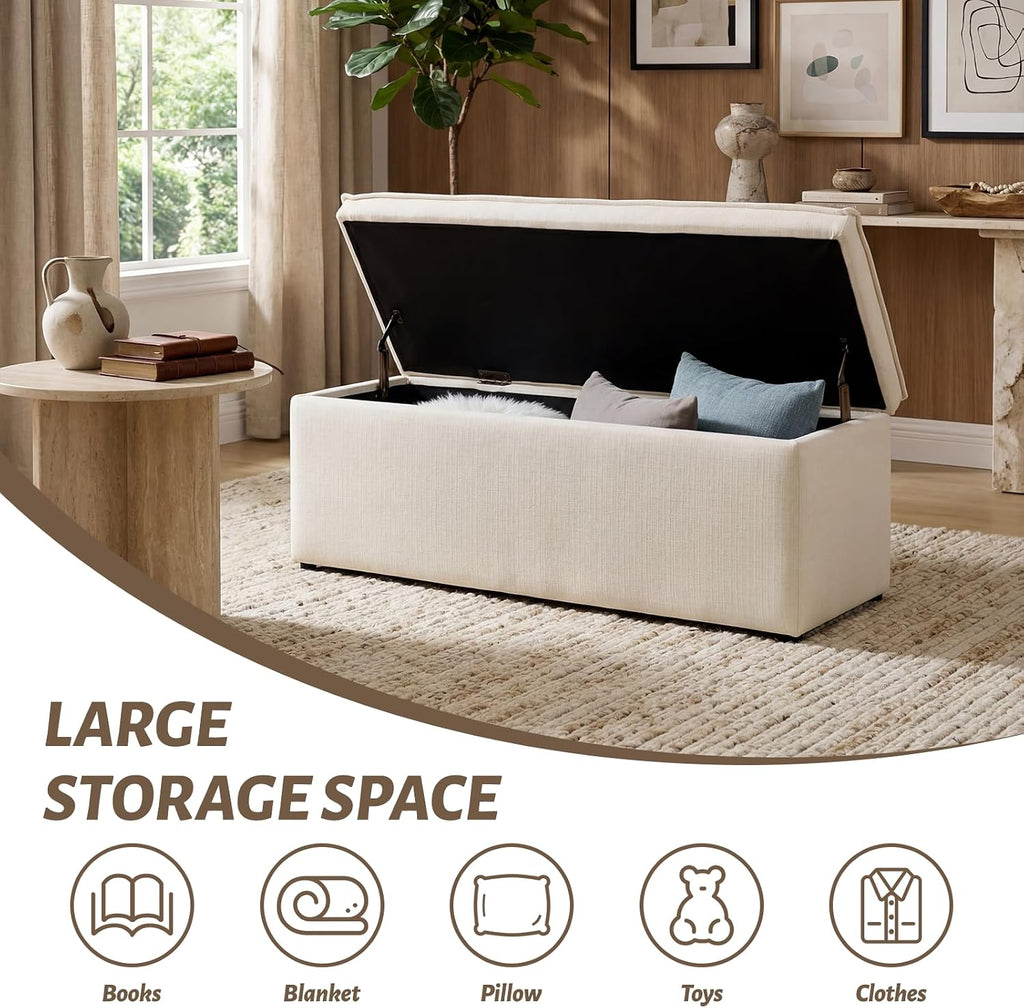 Modern Storage Bench Linen Fabric, Upholstered Storage Ottoman Entryway Bench with Seating Living Room, Beige