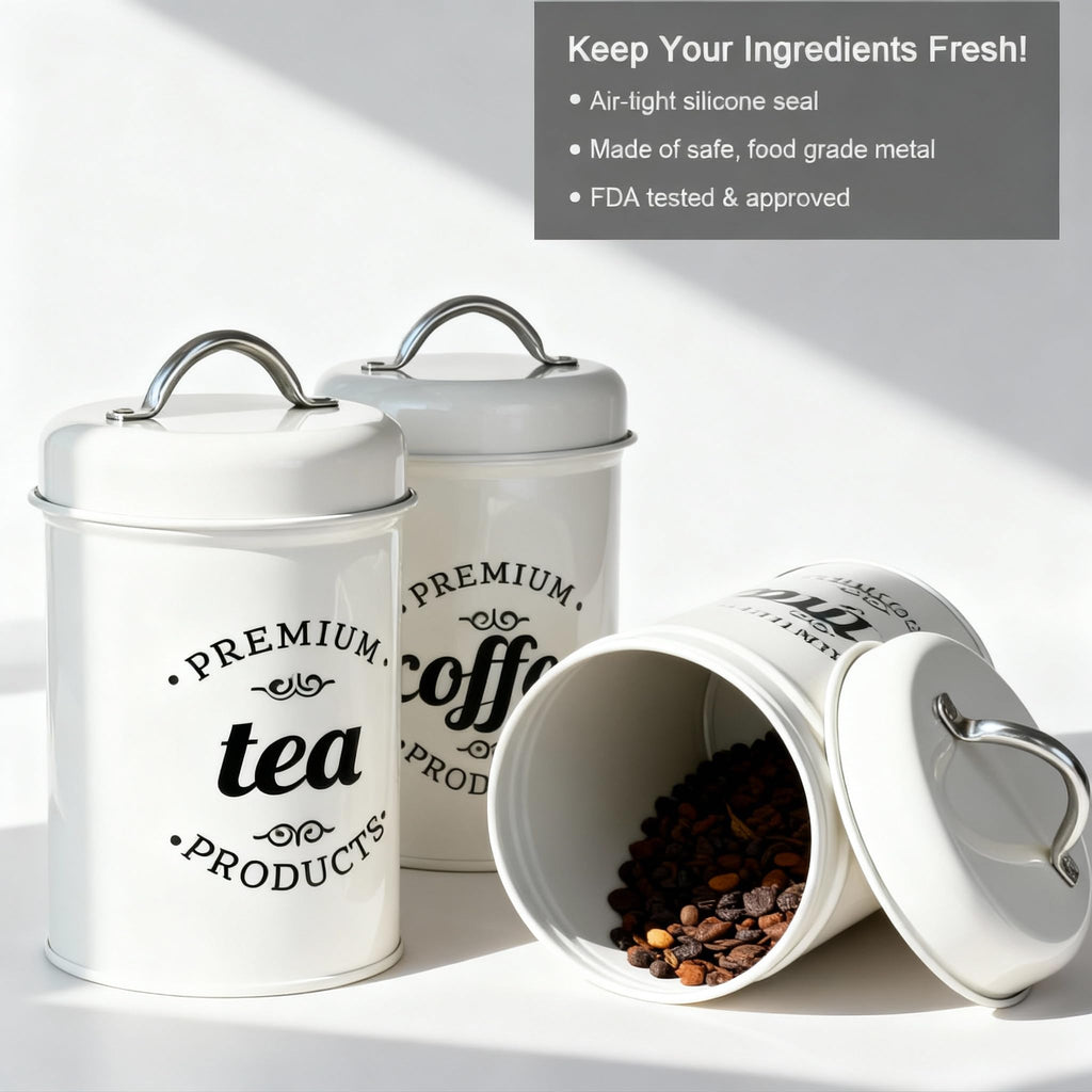 Coffee Tea Sugar Container Set of 3, Airtight Metal Canisters