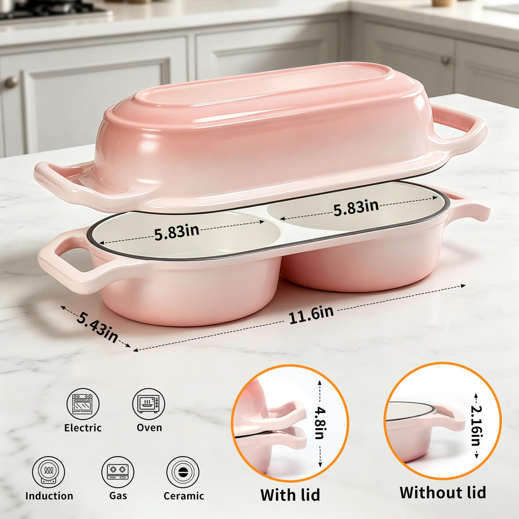Double Dutch Oven for Sourdough Bread Baking, 2.4QT Enameled Cast Iron Bread Baker with Lid, Dual 1.2QT Round