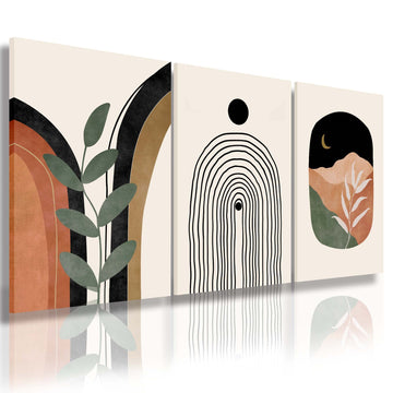 Boho Wall Art Prints Set of 3, Boho Wall Decor, Mid Century Modern Prints Sun Moon Leaf Mountain Canvas Wall