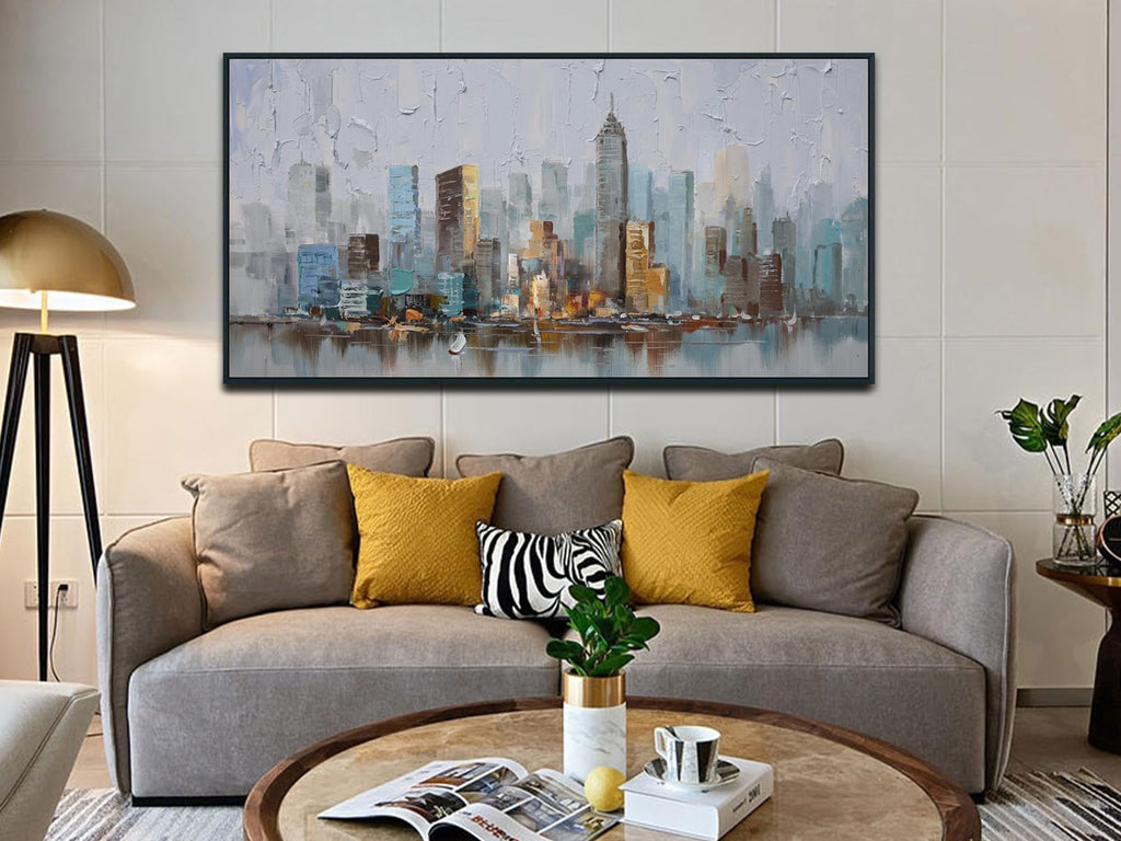 NYC City Canvas Wall, New York City Painting Abstract Modern Skyline Grey Picture Large Size Artwork Hallway Home