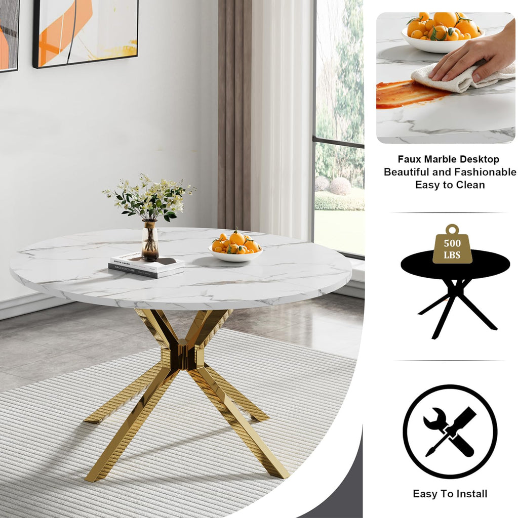 47.2" Round Dining Table Set for 6, White Faux Marble Kitchen Table & 6 Beige Velvet Chairs with Gold Stainless Steel