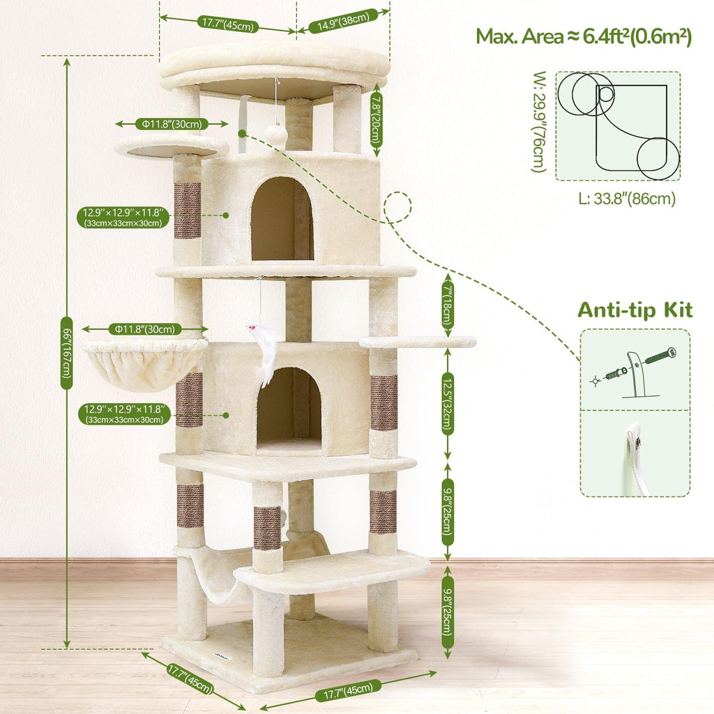 66inch Corner Cat Tree Tower for Indoor Large Cats, Beige